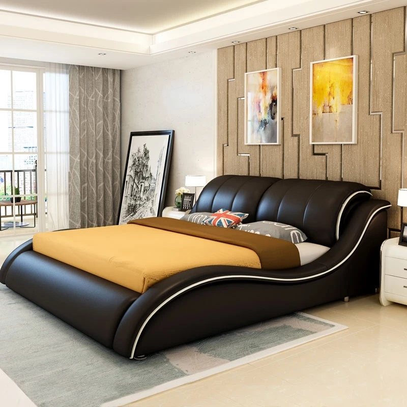 Genuine Leather Bed Frame Rectangle Upholstered Camas Double beds Designer lit 2 Personnes  Bedroom(size,color can be customized