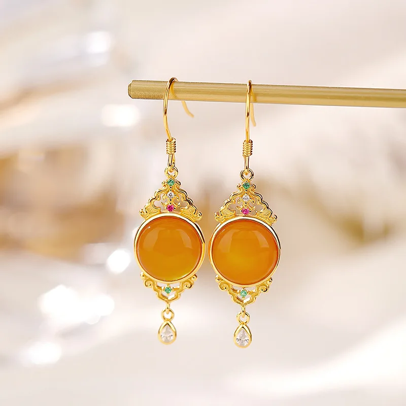 

S925 Sterling Silver Gold-Plated Amber Ruyi Style Hollow Round Hook Elegant Women'S Earrings