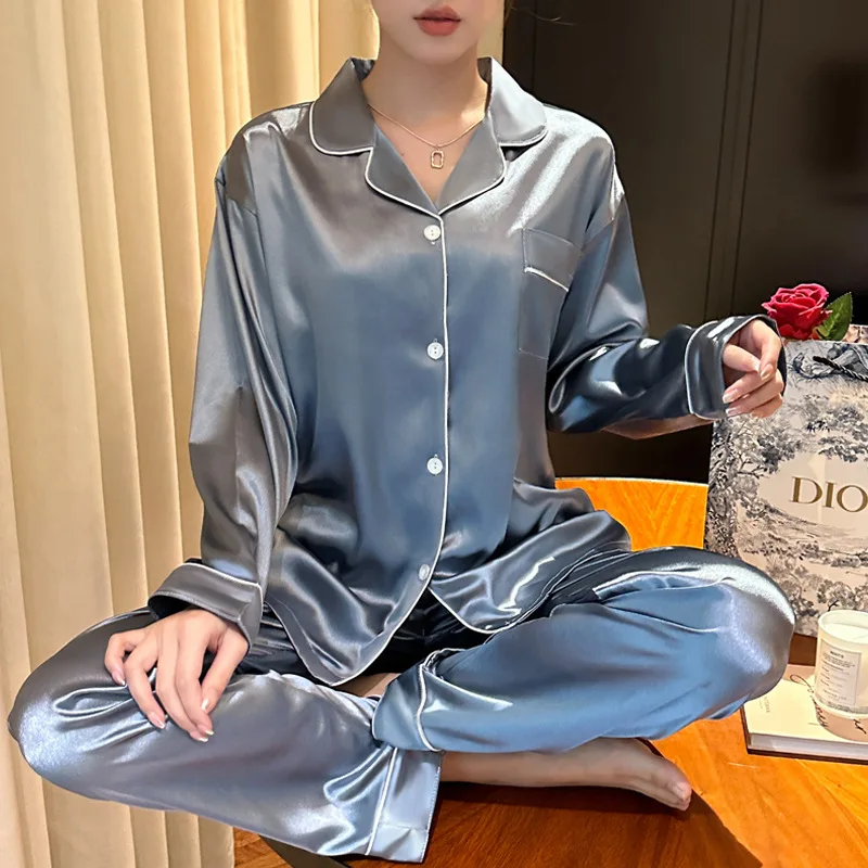 New Ladies Two-Piece Pajamas Casual Simulation Silk Homewear Spring And Autumn Summer Homewear Ice Silk Cardigan Set Pajamas