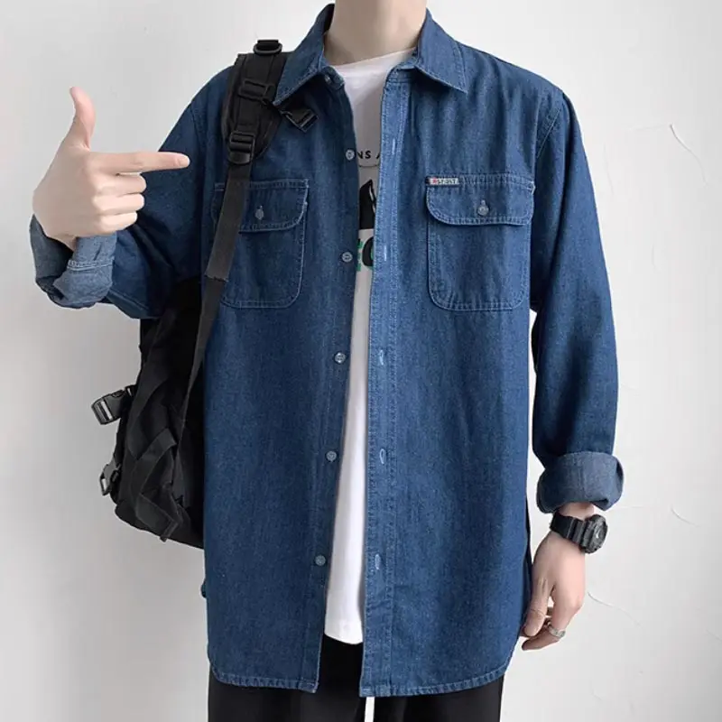 Japanese washed thin denim shirt, men\'s trendy loose fit plus size construction site electrician welding work clothes