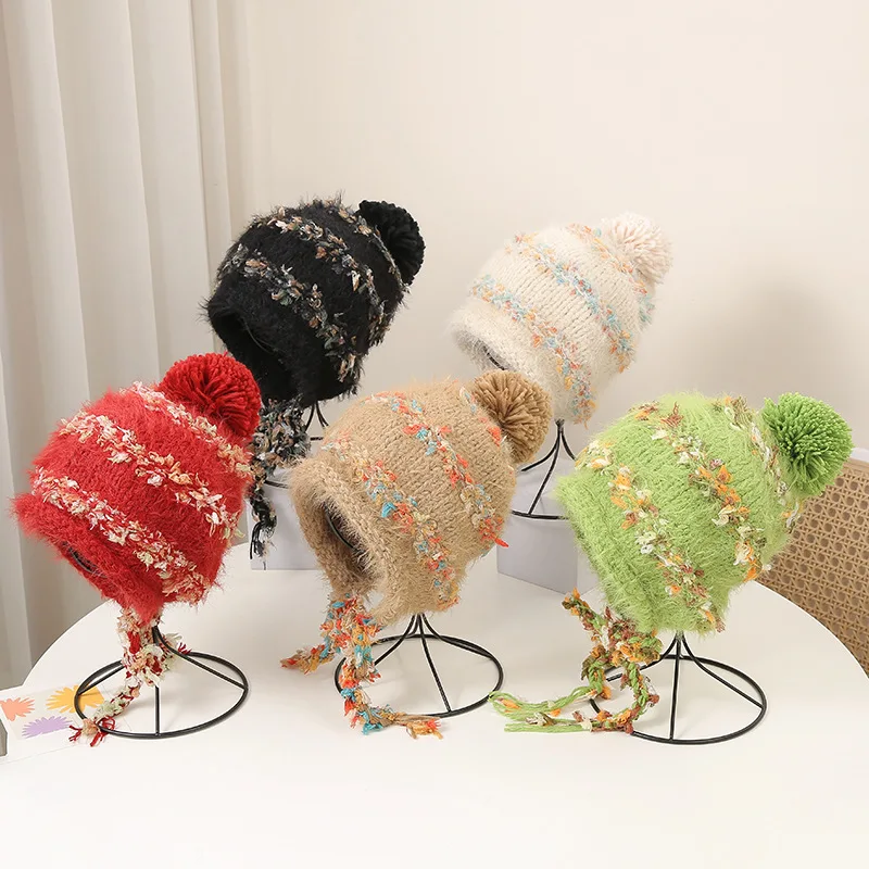 

Floral Children Knitted Hat Cute Ear Protection Pullover Hats Outdoor Kids Thickened Warm Cap Knit Beanie Hat for Girls 2-6Y