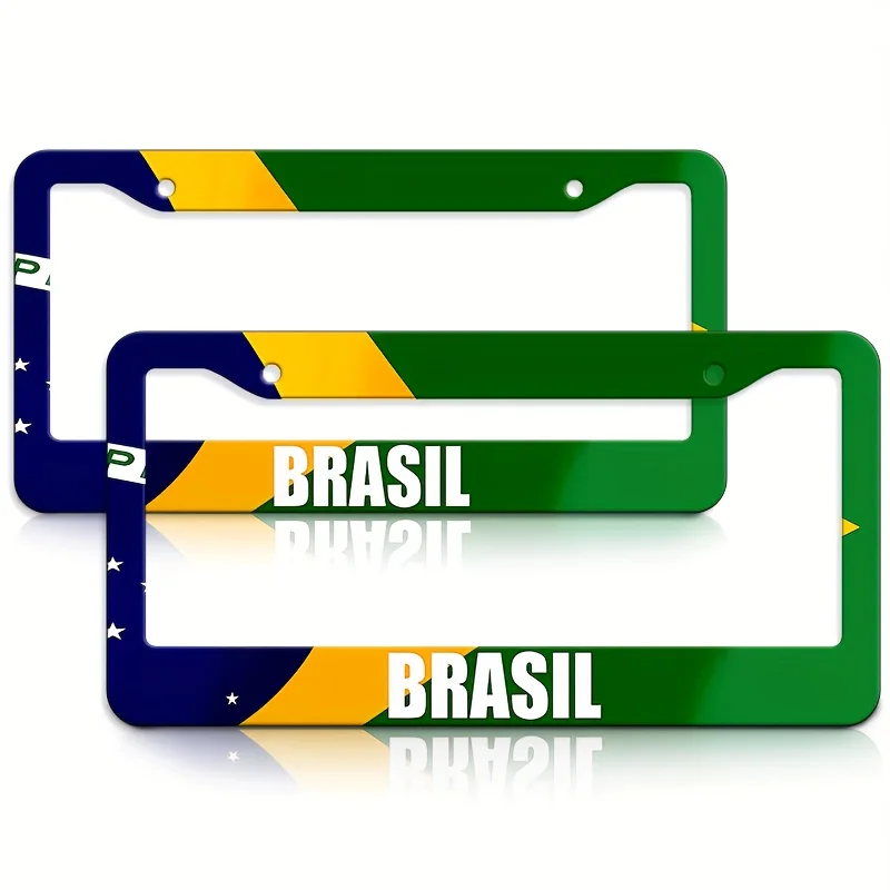 2Pcs Brasil Brazil Flag License Plate Frames Brazilian National Flag Design Universal Fit Car Tag Holders with Patriotic Style