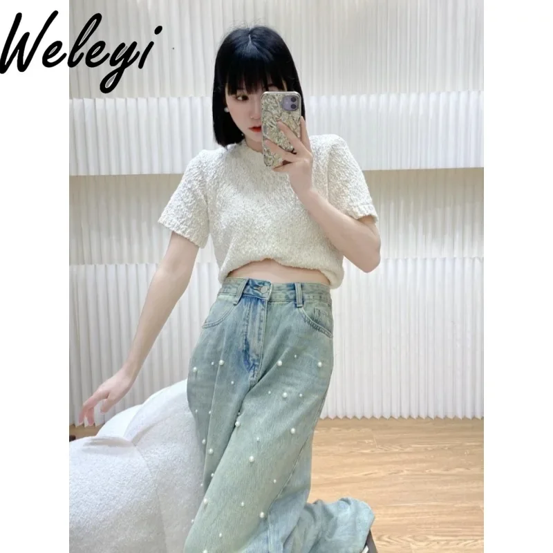 

Sweet Girl Pearl Light Blue Denim Jeans Women's Autumn 2024 New Streetwear High-waisted Beaded Floor Jean Trousers Femme Clothes