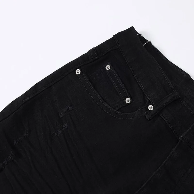 Pantalones vaqueros de diseñador a la moda para hombre, pantalones vaqueros rasgados con parches de cuero con agujeros ajustados elásticos negros de alta calidad, pantalones vaqueros de marca Hip Hop para hombre