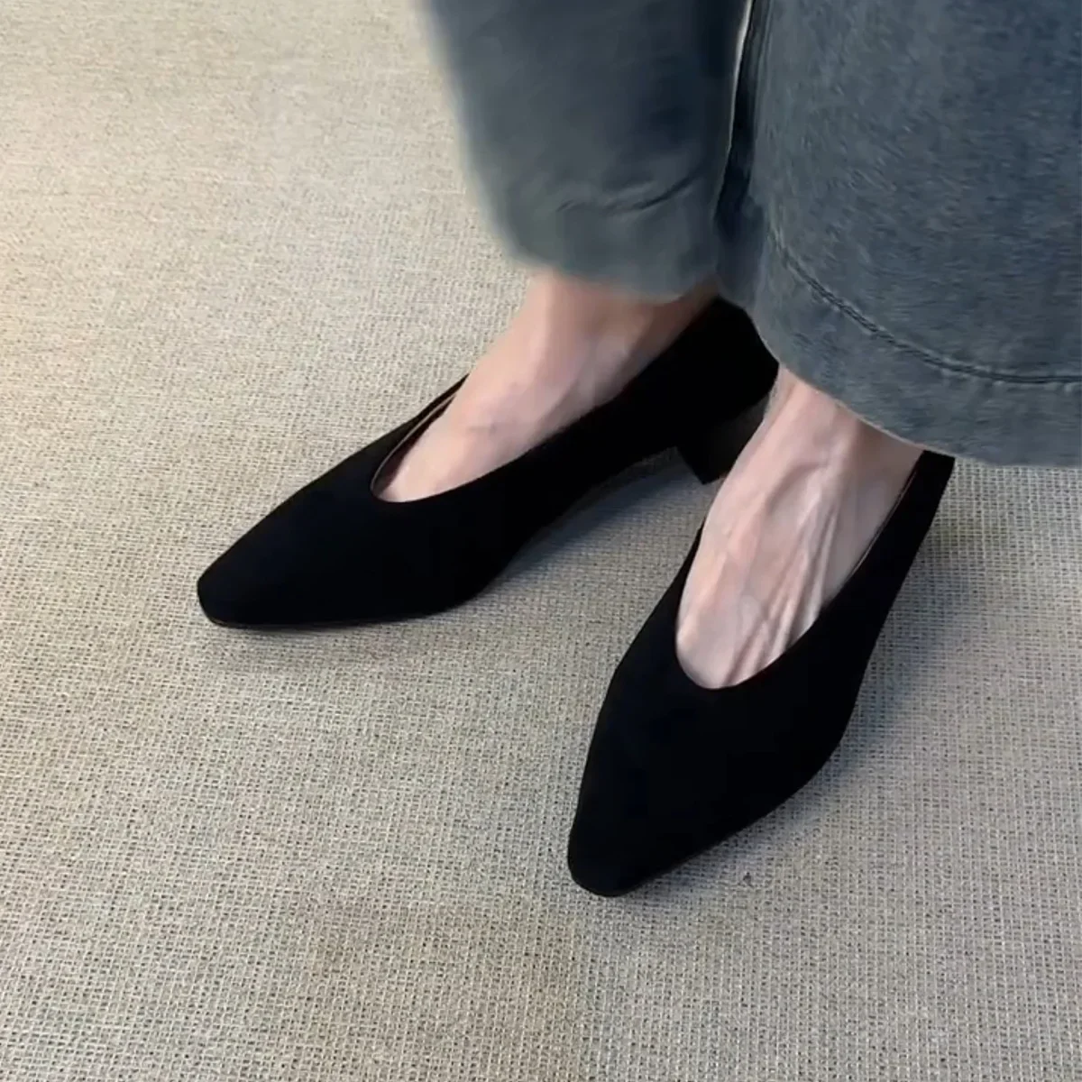 Comemore Vintage Pointed Toe Women High Heels Granny Shoes Fashion Shallow Slip on Shoes Black Suede Fashion Ladies Pumps Shoes