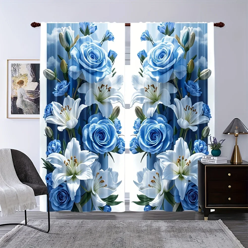 2PCS Digital Printed Curtains, Blue Rose White Lily Blue Sky Pattern, Romantic Elegant Style for Bedroom Living Room Decor