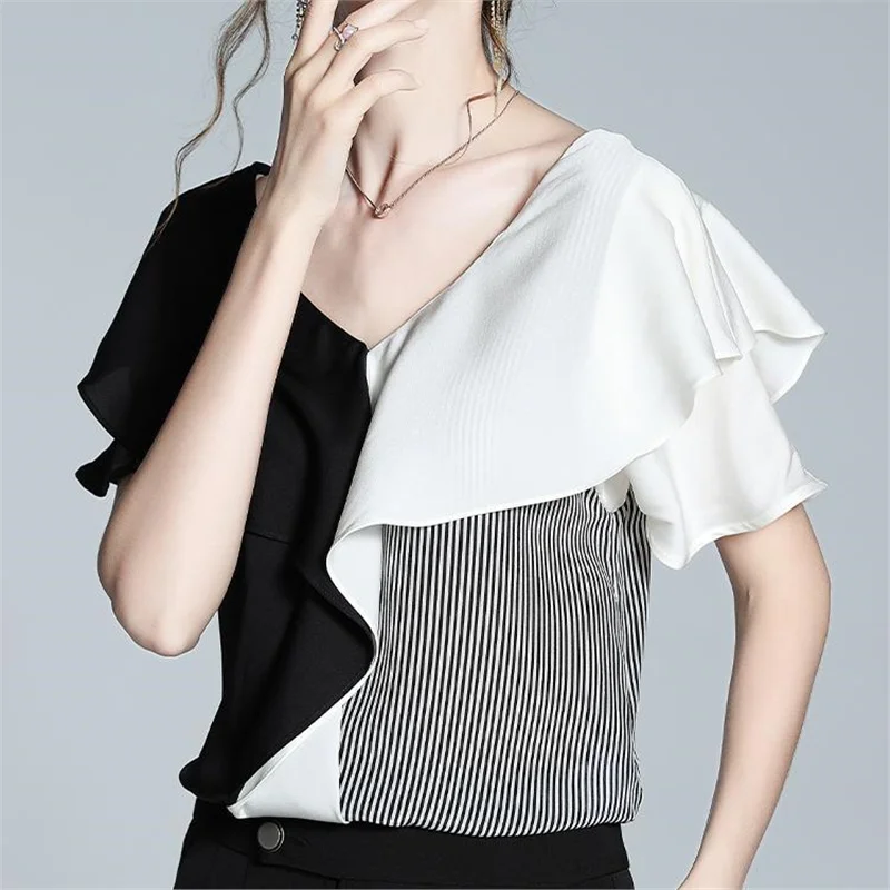 Nuovo Design Estivo Top in Chiffon da Donna con Orlo in Pizzo Colorato Anti-Invecchiamento Stile Francese con Scollo a V e Motivo a Righe