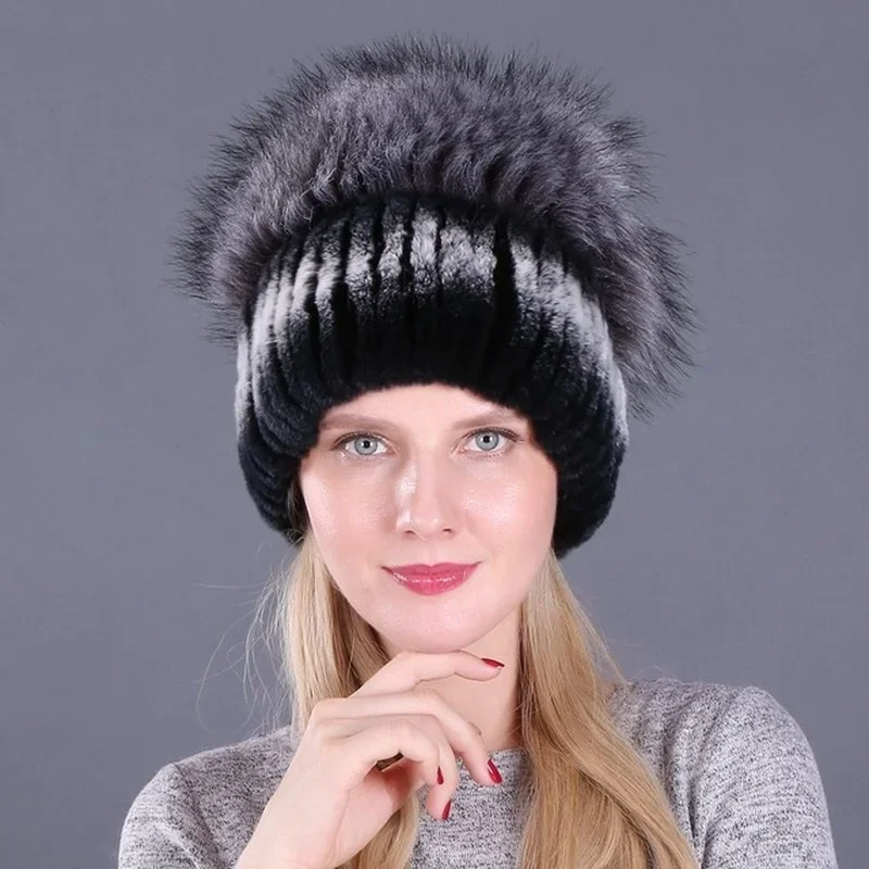 Women\'s Simulated Fox Rabbit Fur Hat Winter Fur Warm Knitted Hat Windproof Cold Proof Outdoor Cycling Skiing Sports Accessories