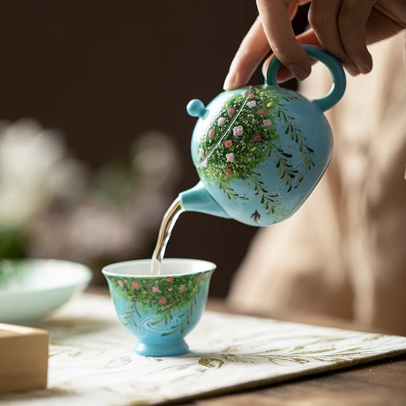 Blue Oil Painting Style Teapot Hand Painted Porcelain Set Household Maker Small Single Underglaze Color