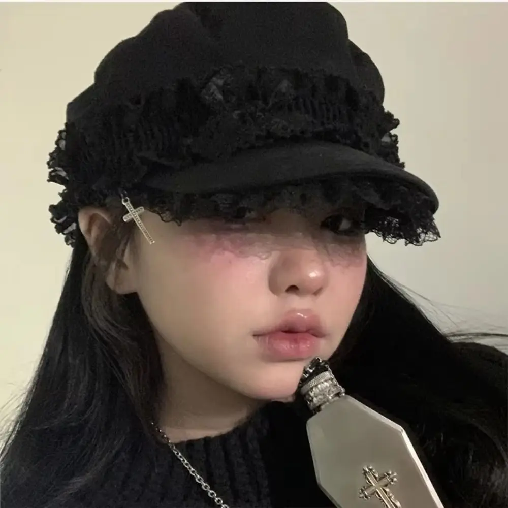 

Versatile Double Layer Lace Y2K Hat Girl Cool Black Painter Hat Lace Beret Caps Dark Design Cotton Outdoor Sun Hat Octagonal Cap