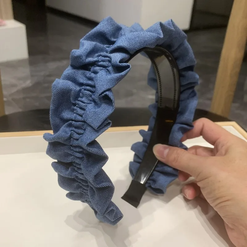 

Toothed anti slip pleated wide edge headband, internet famous fashion super fairy denim versatile and simple headwear