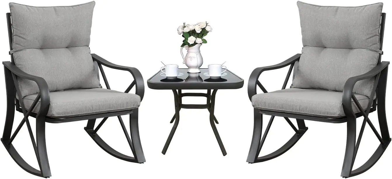 Outdoor Rocking Bistro Set Patio Furniture, Glider Chair Coffee Table Seat Set For Backyard Garden Poolside, Padded Cushions Tempered Glass Top, Modern Casual Style, Warm Gray, 3 Piece Set
