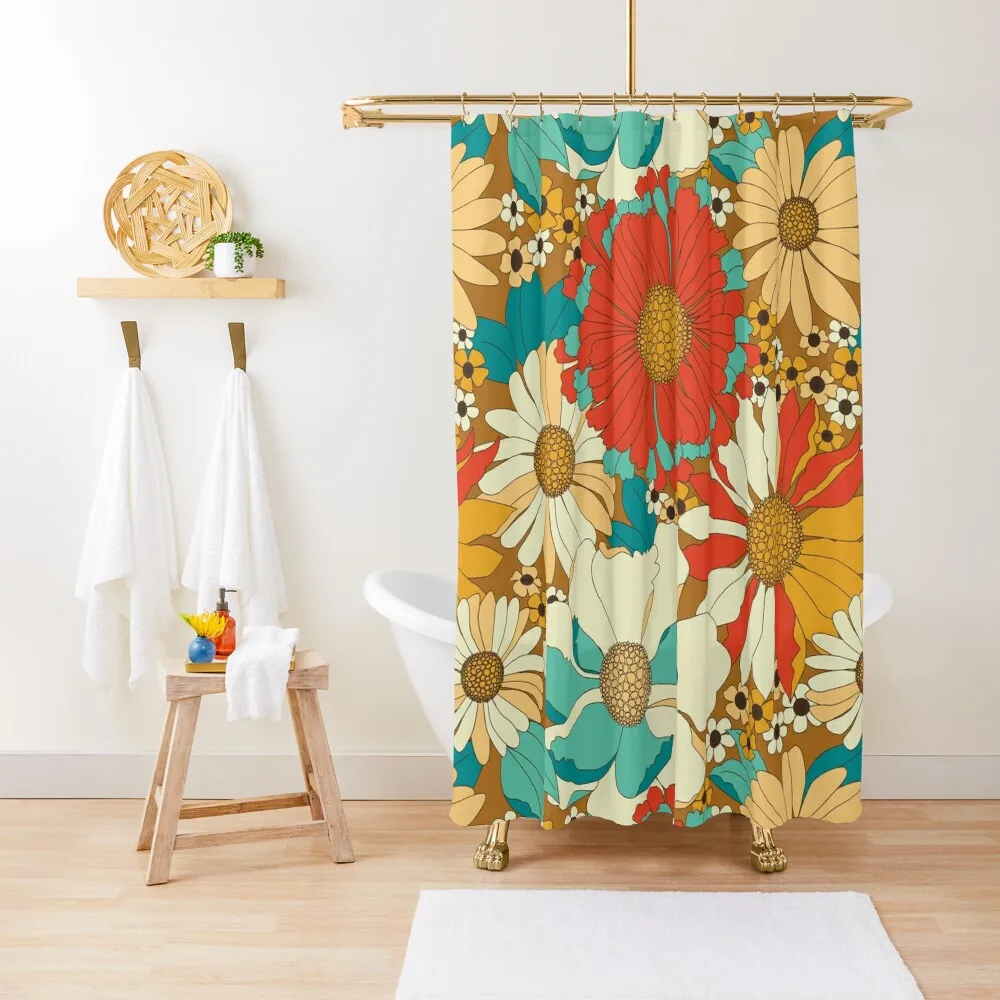 

Red, Orange, Turquoise & Brown Retro Floral Pattern Shower Curtain Bathroom For Shower Waterproof Shower And Anti-Mold Curtain