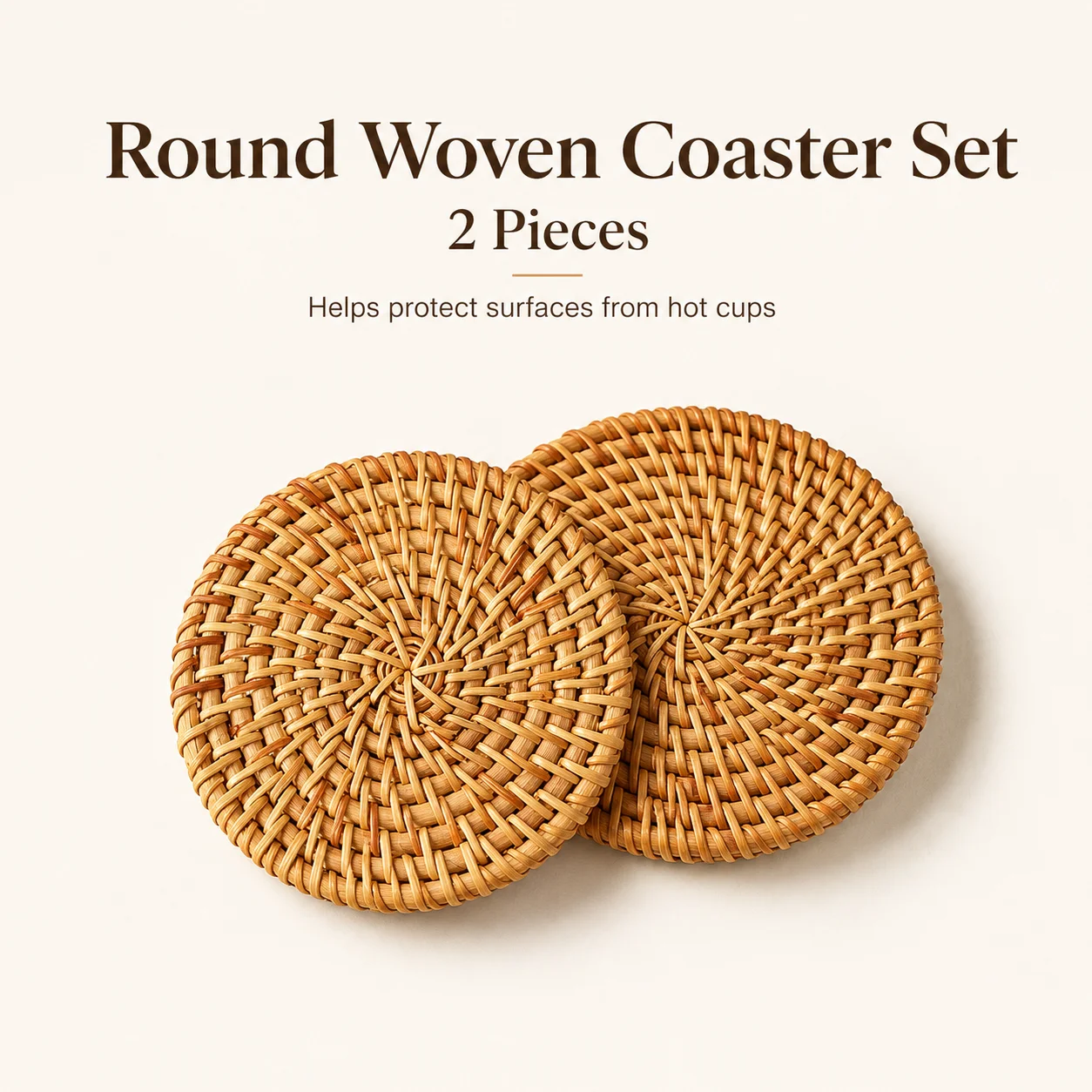 Home Decor Rattan - 2個セット 丸型ラタンコースター 耐熱織りドリンクマット 10cm 家庭用 キッチン