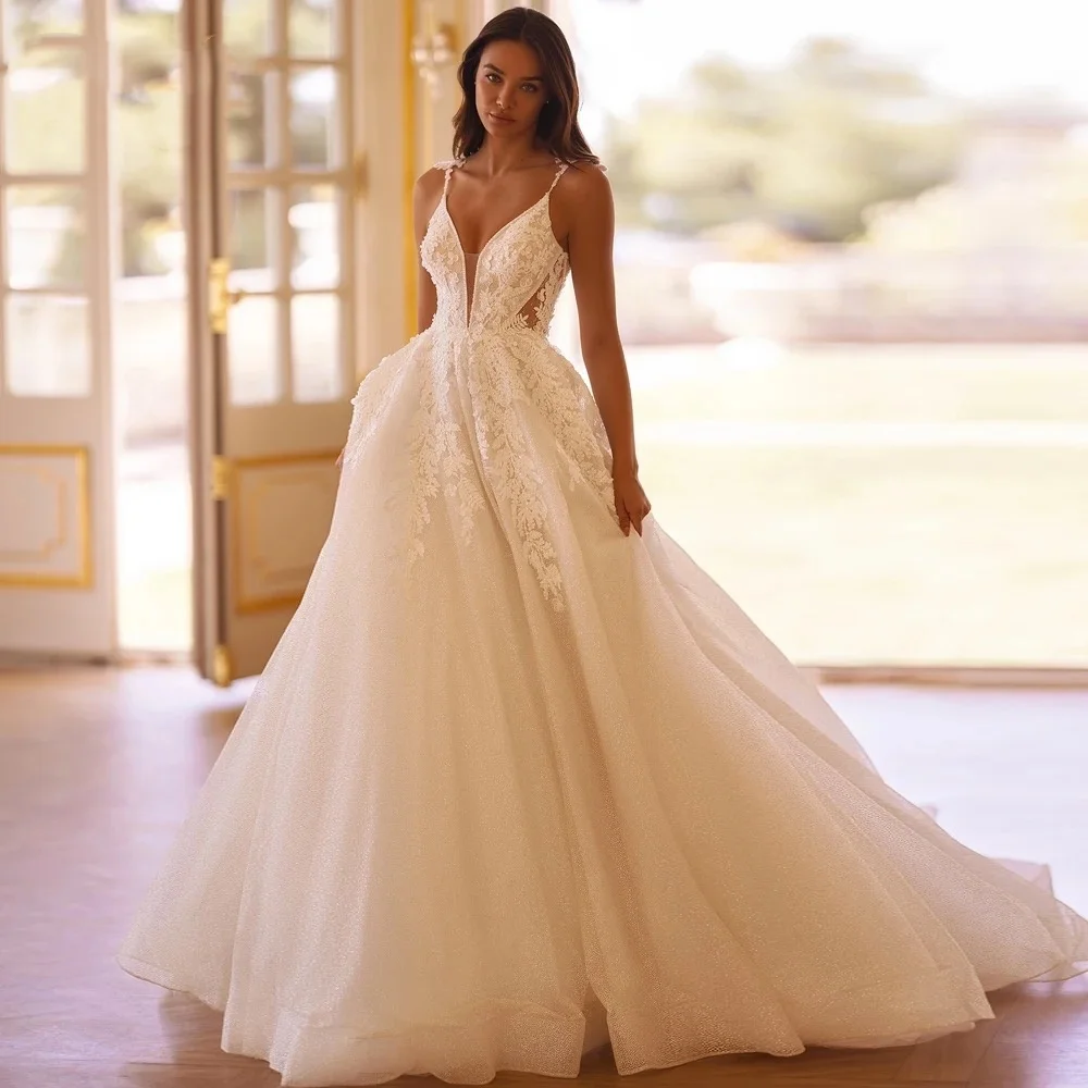 Vestidos de novia de tul con apliques y cuello en V para mujer, vestido de noche con espalda descubierta y corte acampanado, vestidos de novia personalizados