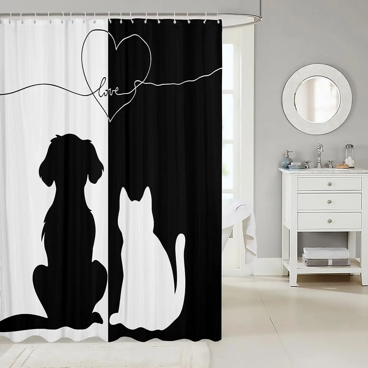 Black White Cat Dog Shower Curtain, Yin Yang Pet Silhouette Bath Decor, Love Heart Line Art, Waterproof Polyester Fabric
