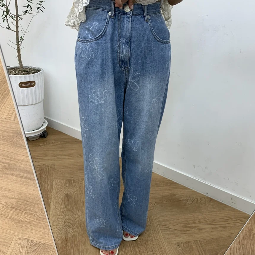 

Retro Washed Daisy Print Loose Fit High Waist Straight Leg Jeans Women's Fashionable Long Pants Sweet Youthful Blue Denim