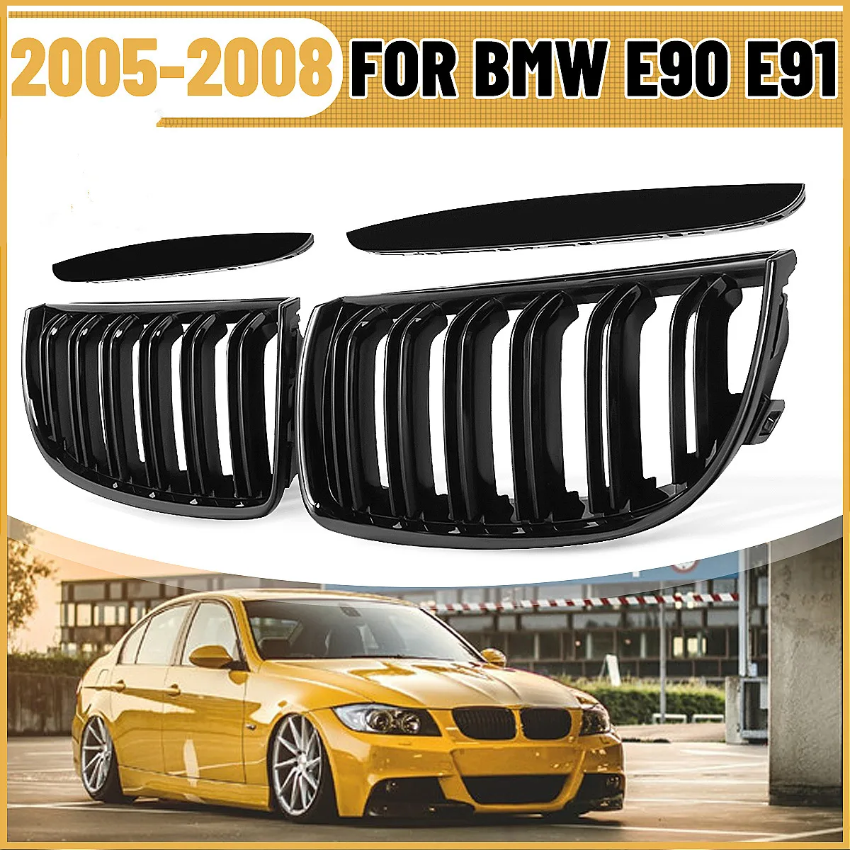 Image of Paar glänzend schwarze Frontnieren-Kühlergrills mit Doppellamellen für BMW E90 E91 Vor-Facelift 2005 2006 2007 2008 ABS