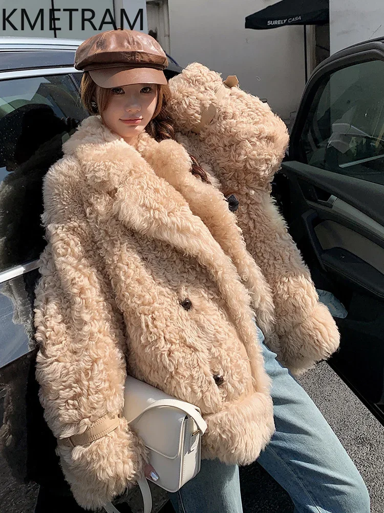 Real Wool Sheepskin Fur Jacket Mid Length Double Faced Fur Coat Women Motorcycle Loose Leather Coats 2024 Winter Clothes шуба