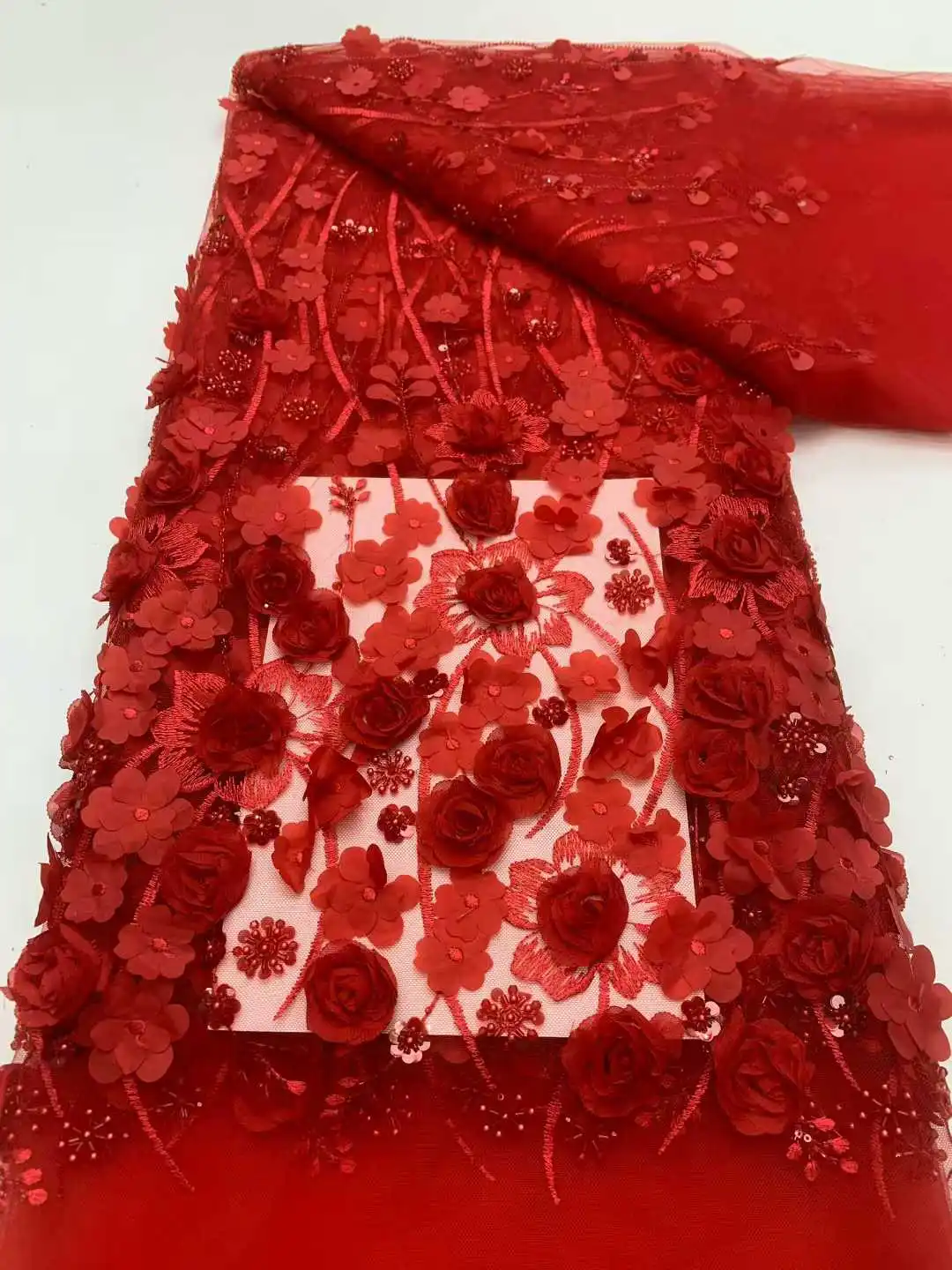 

5 Yards African 3D Flower Beads Lace Fabric Red High Quality French Nigerian Embroidery Tulle Fabric For Wedding Dress Sewing
