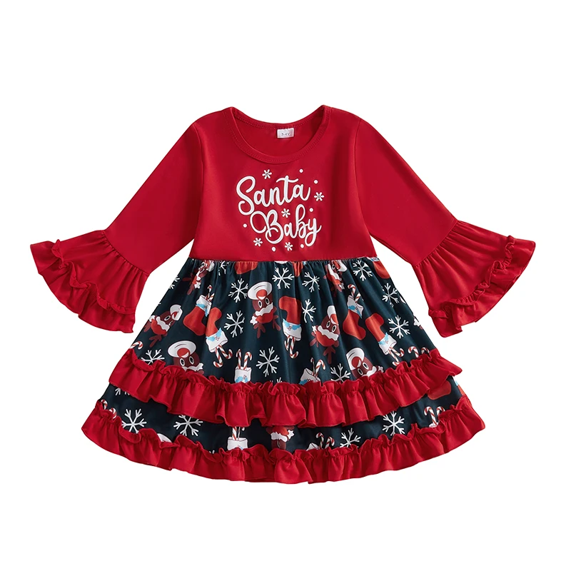 Little Girl Christmas Dress Letter Reindeer Print Round Neck Flare Sleeve Tiered Ruffle Dress for Daily School Party