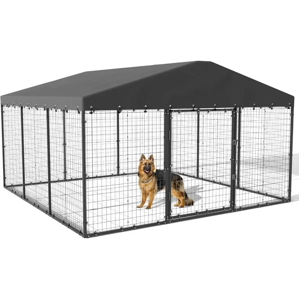 

Large Outdoor Dog Kennel,Heavy Duty Dog Cage with Roof,Galvanized Steel Dog Kennel Fence with Double Safety Locks,Large