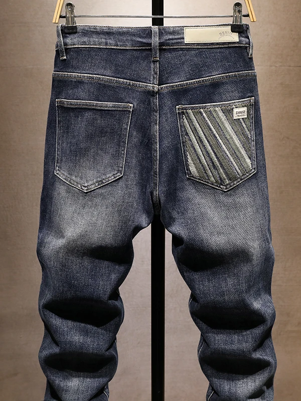 

High-End Retro American Embroidered Slim Fit Straight Leg Jeans for Men Casual Cotton Stretch Denim mid Waist Long Trousers