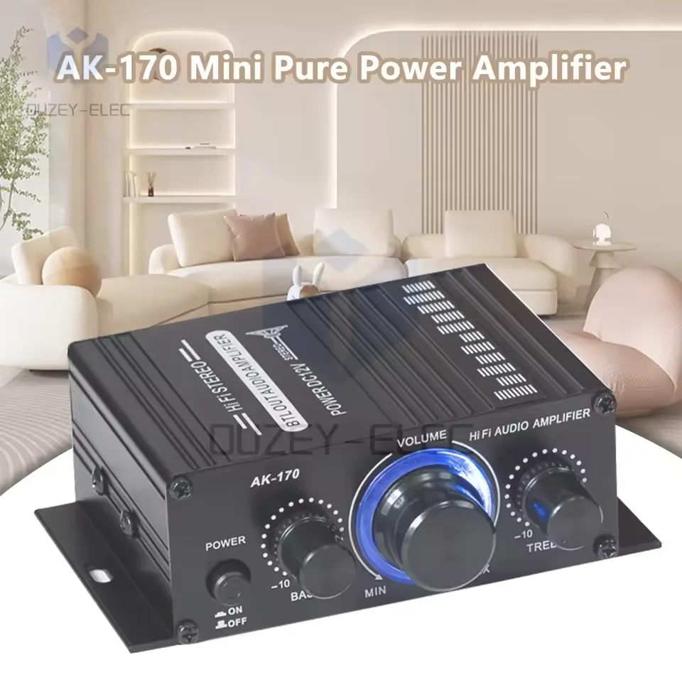 AK-170 HiFi Audio Power Amplifier 2x200W Dual Channel Stereo Digital Power Amplifier DC 12V Bass Treble Power Amp with RCA Input