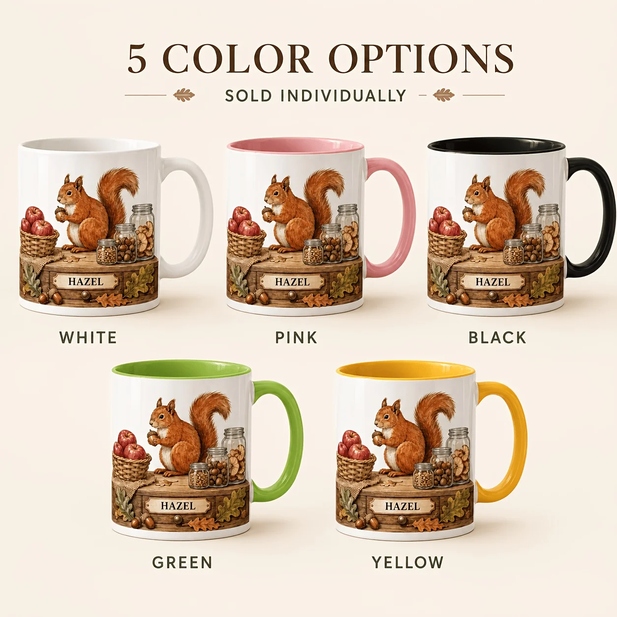 Custom Ceramic Coffee Mug Personalized Name Squirrel Nut Apple Pantry Design 2D Flat Print 5 Colors Fall Gift for Nature Lover F