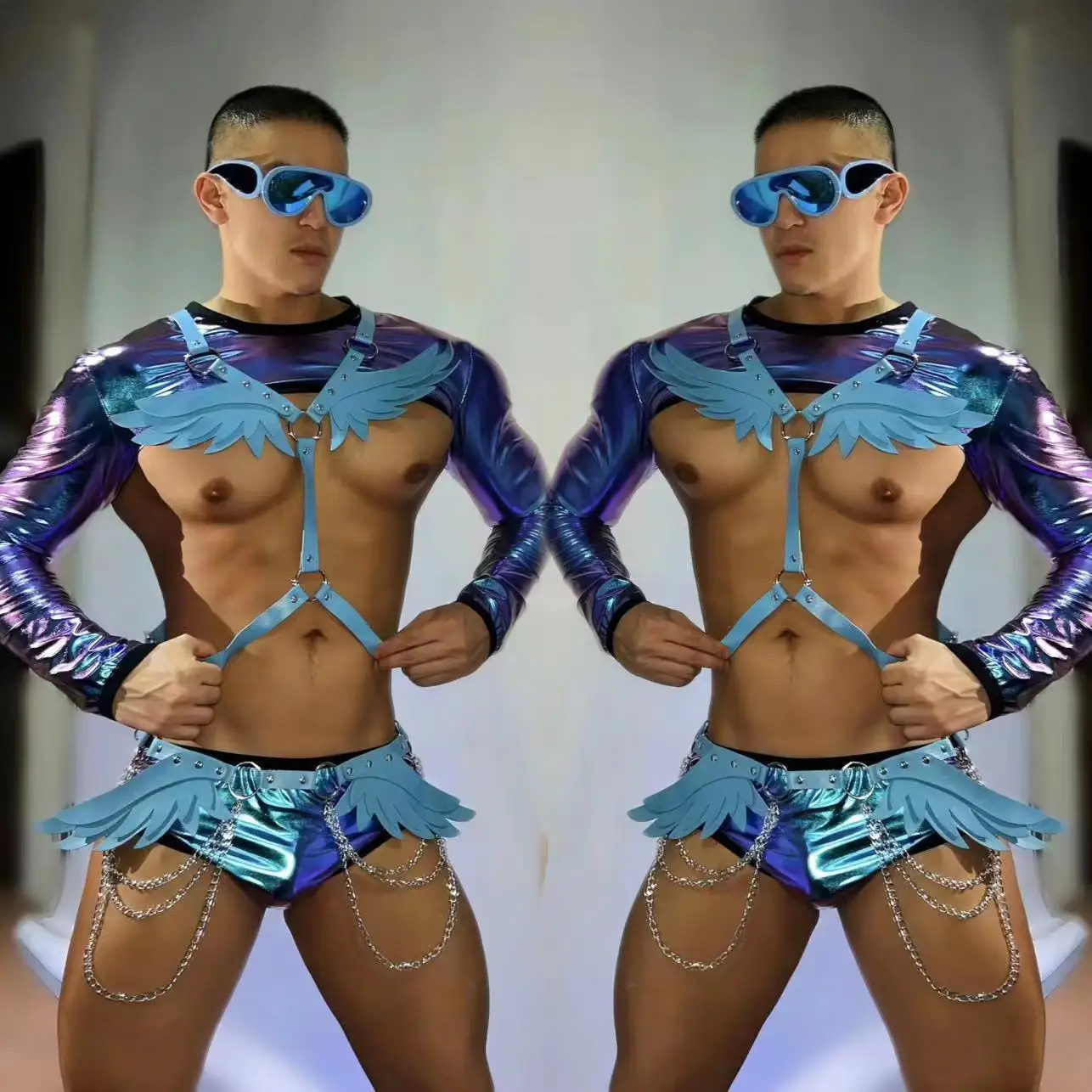 

Club Nightclub DJ Dancer Gogo Dance Costume Sexy Stage Wear Party Show Rave Outfit Blue Wings Chest Waist Chains Performance