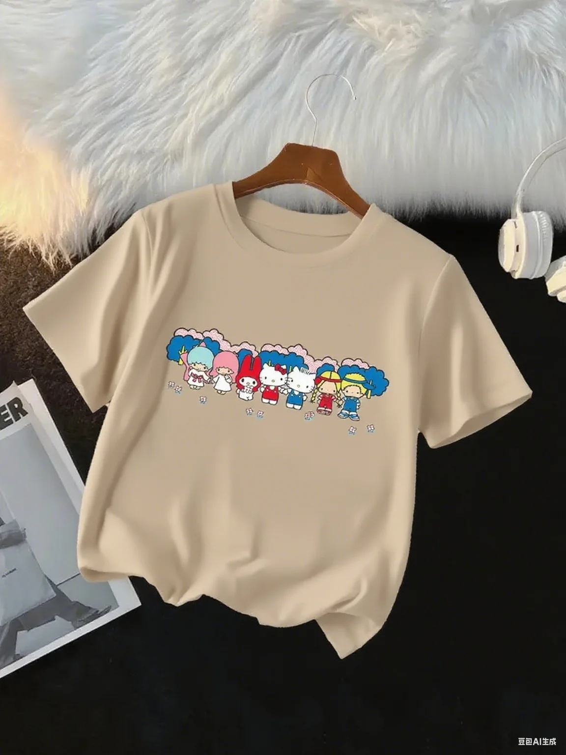 

Sanrio Character Line Cotton T Shirt Lovely Cartoon Group Print Trendy Printed Brand Pure Cotton T-shirt Short Sleeve Unisex