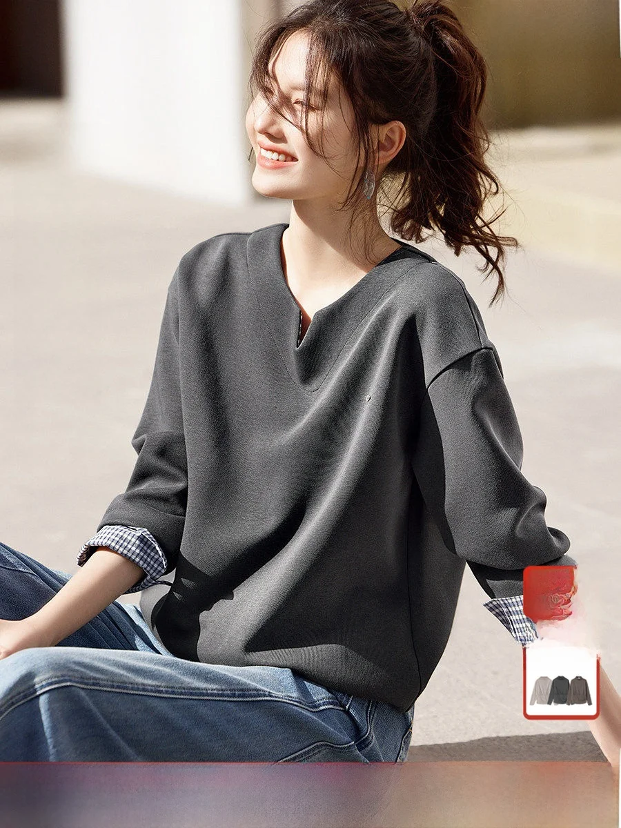 

XWI Повседневная клетчатая толстовка женская свободная посадка V-Ne Long Sve Spring 2026 Faion Утягивающий топ Удобная смесь хлопка