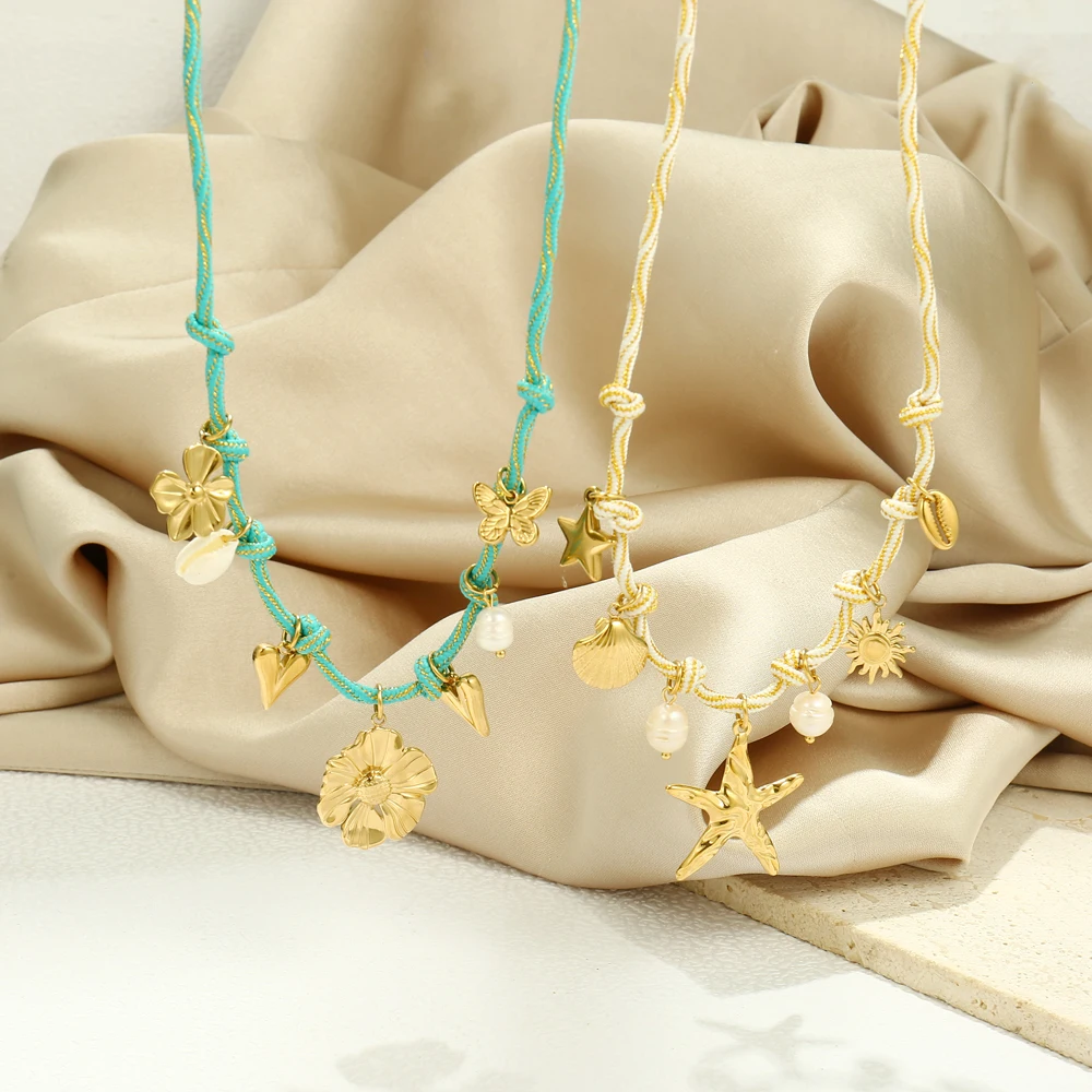 Fashion Rope Braided Handmade Stainless Steel Gold Plated Starfish Shell Heart Flower Charm Necklace for Women Popular Jewelry