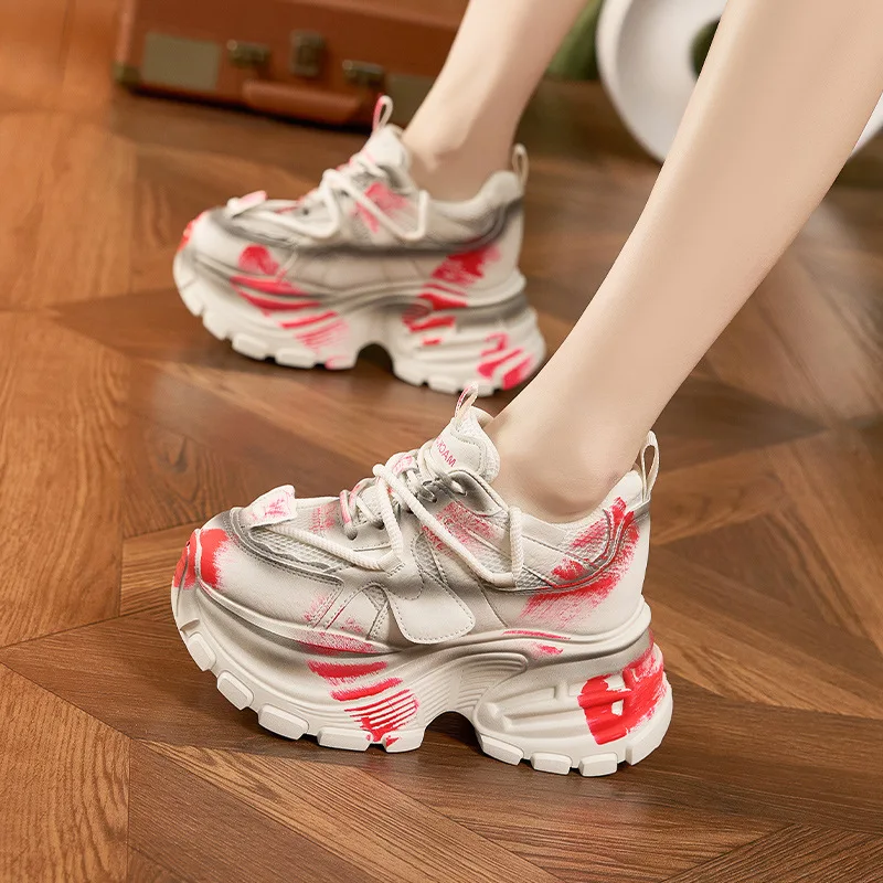 2026 Spring Autumn Chunky Sneakers Women Dad Shoes Distressed 9cm Platform Height Increasing Vintage Retro Casual Sport Trainers