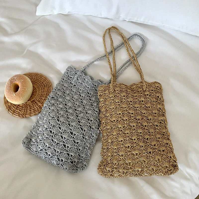 Silver Thread Handmade Woven Bag For Women Delicate Crochet Flower Shoulder Bags Elegant Casual Small Square Handbags