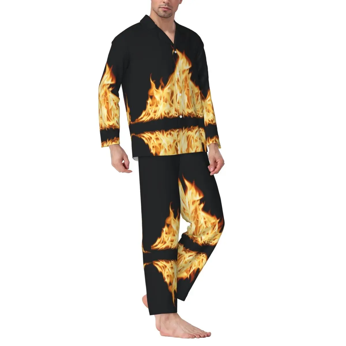 Conjunto de pijamas para hombre de otoño invierno de manga larga hoguera quema fuego ropa de casa ropa de dormir 2 unids/set