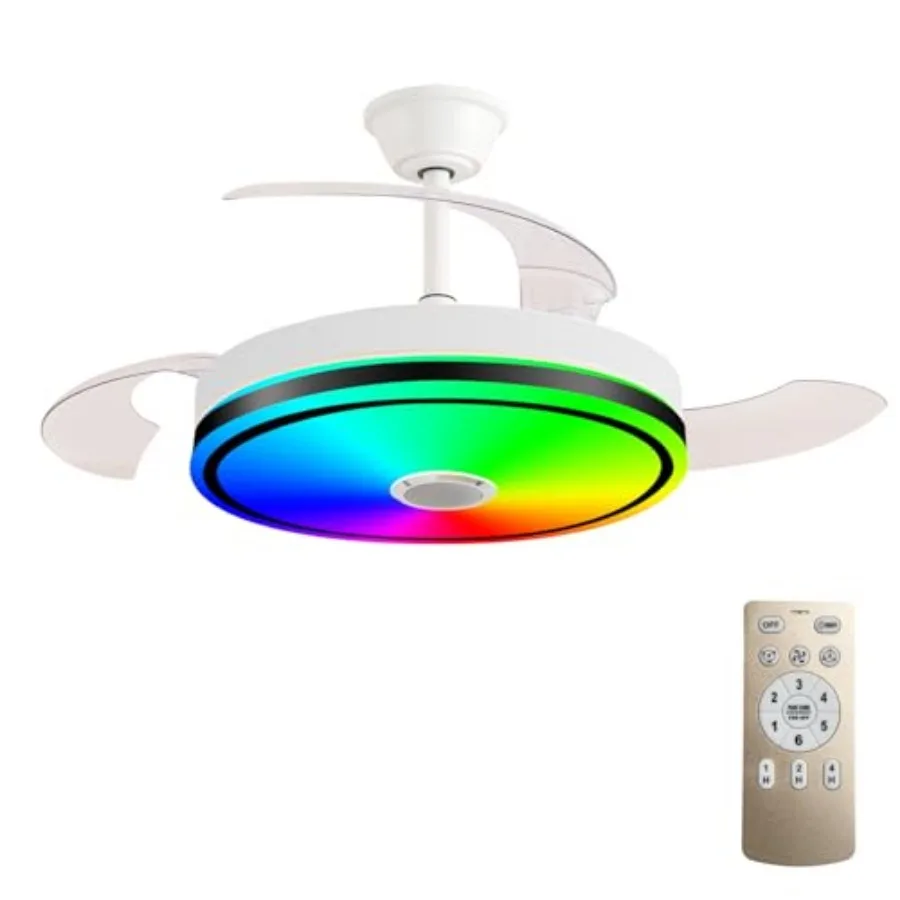 

42'' Retractable Hanging Fan with Lights, Smart Fan Light with Bluetooth Speaker, App Control for Dimming and RGB Color Change
