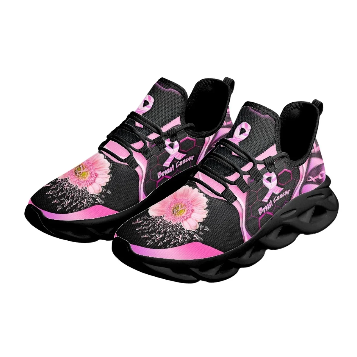 Breast Cancer Awareness Pink Flower Ribbon Pattern Printed Women Tennis Shoes Lightweight Lace Up Non-slip Sneakers Fashion 2023