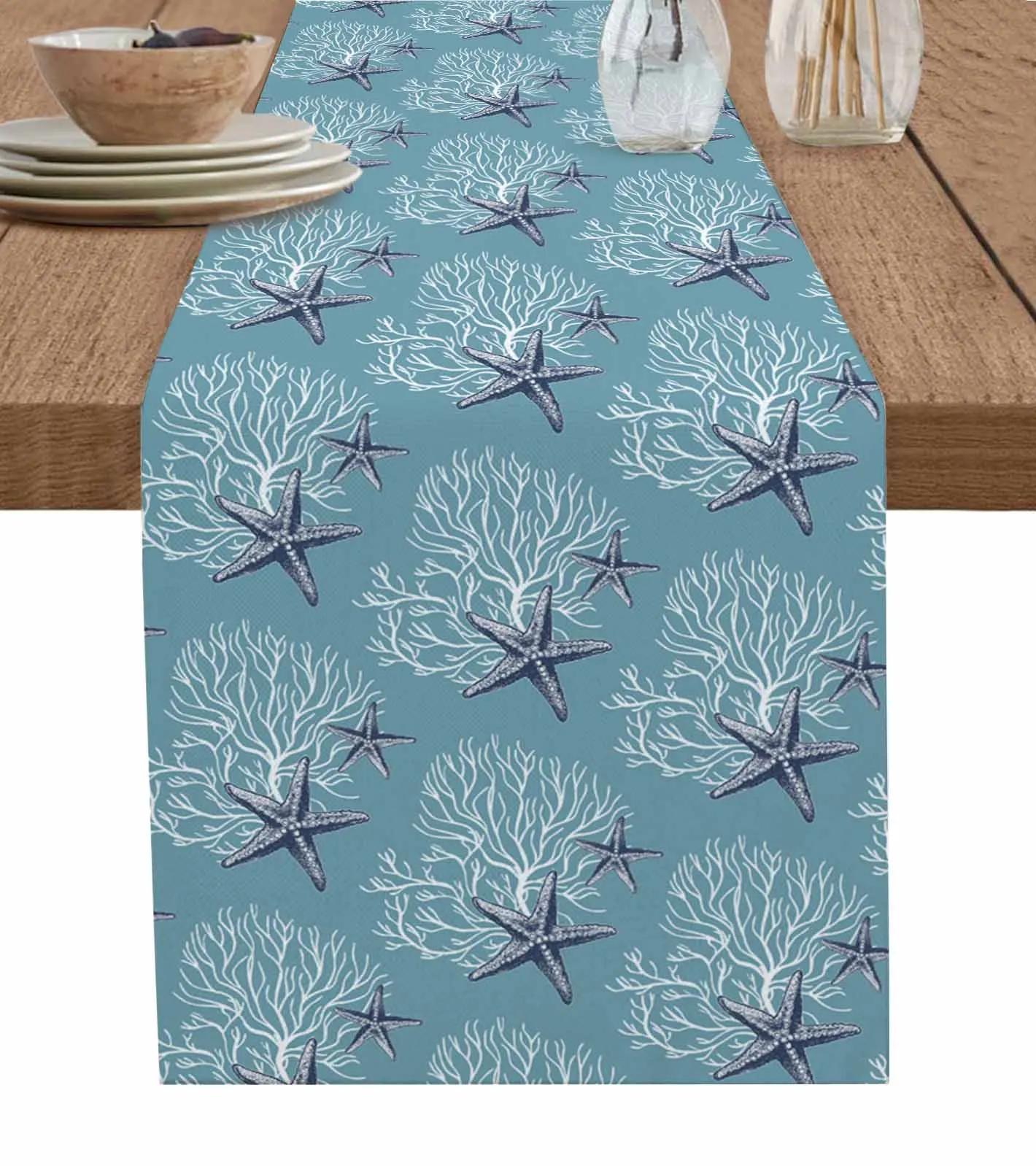 

Coral Starfish Blue Linen Table Runners Kitchen Table Decoration Accessories Dining Table Runner Wedding Party Supplies