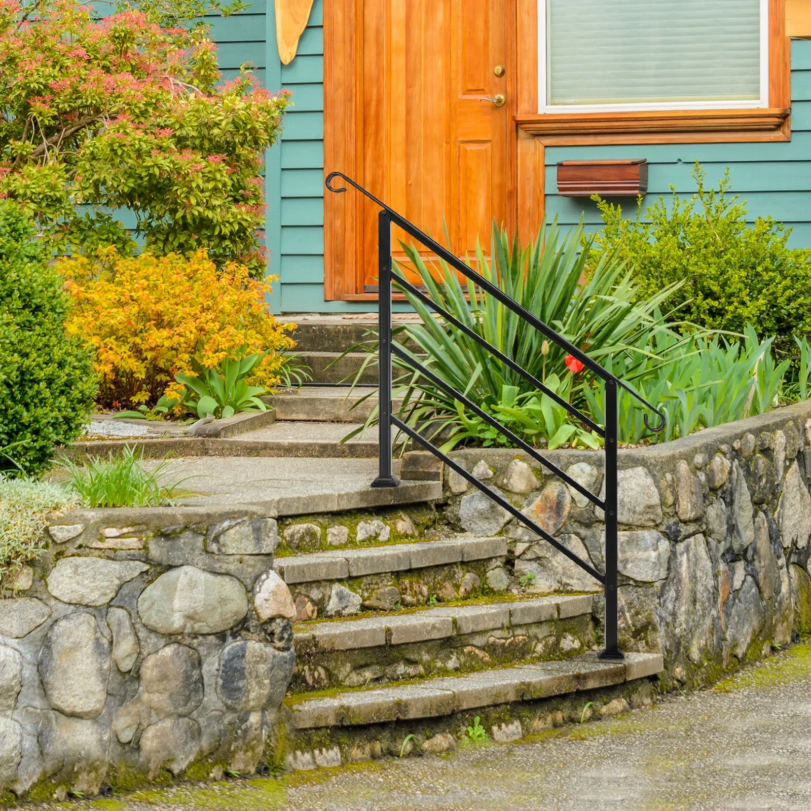 Handrails for Outdoor Steps, Wrought Iron Handrail Fits 1 to 4 Steps, Transitional Handrail with Installation Kit, Black