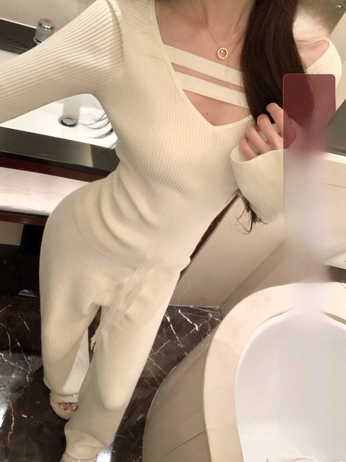 

Теплый вязаный топ OKMAOP с V-образным вырезом для женщин, для чайной церемонии, сексуальный, чистый шик, зимний, термо