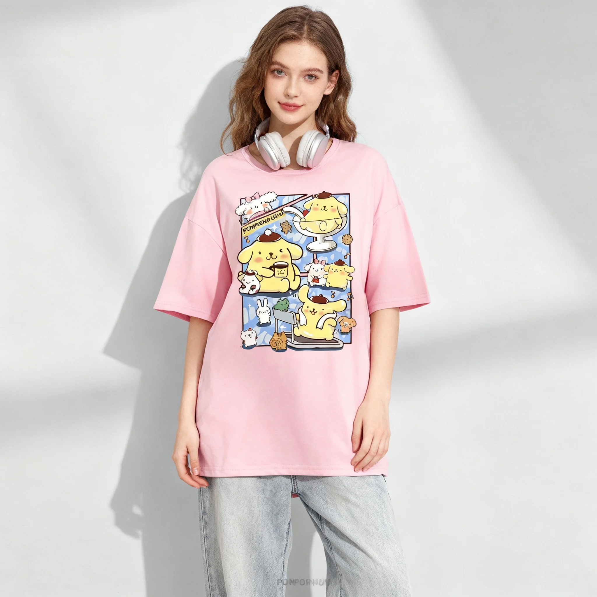 Новая американская спортивная одежда Sanrio Family Pudding Dog, милая крутая летняя футболка большого размера, женская и мужская спортивная одежда для взрослых