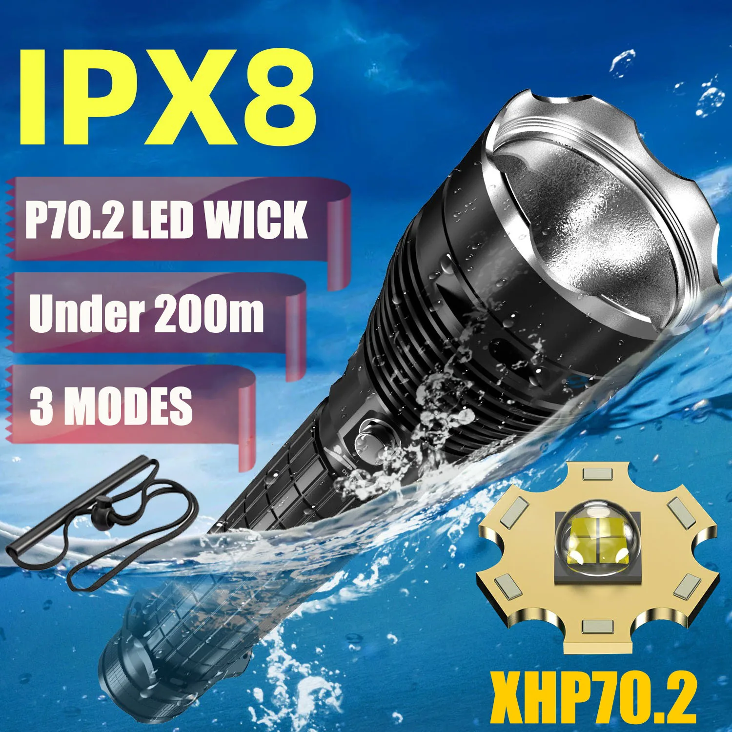 

Powerful XHP70.2 LED Scuba Diving Flashlight 15000LM Lantern Dive Light Underwater 200M IPX8 Waterproof Dive Torch for Fishing