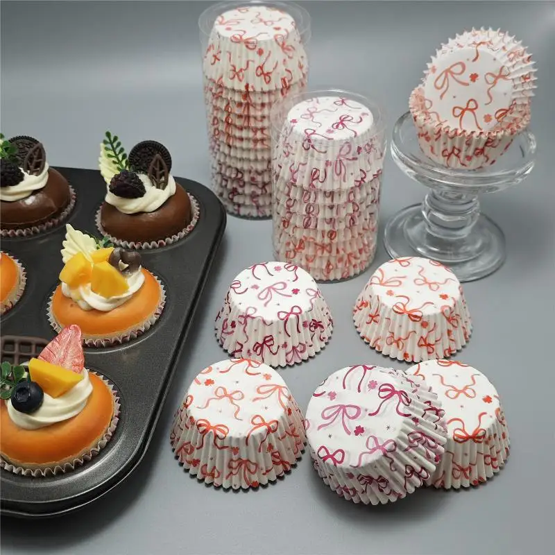 100 Pcs Bow Cupcake Liners Coquette Bow Pattern Wrappers Baking Cups For Baby Shower Wedding Bridal Showers Birthday Party Decor