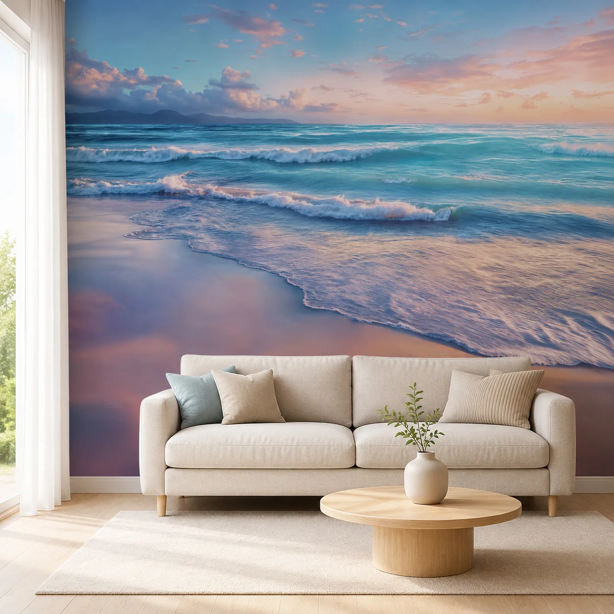 Ocean Beach Sunset Wall Mural Wallpaper Blue Sea Waves Coastal Living Room Bedroom Decor Unpasted Wallpaper