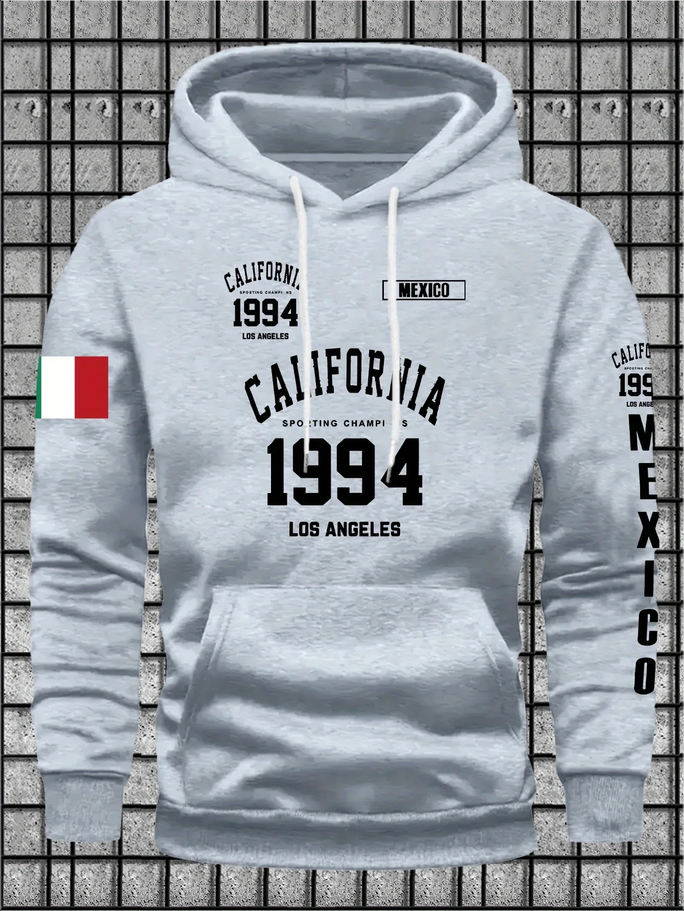 Men's California Champion Vintage Hoodie - Beige Pullover Sweatshirt with Kangaroo Pocket Long Sleeve Hooded streetwear