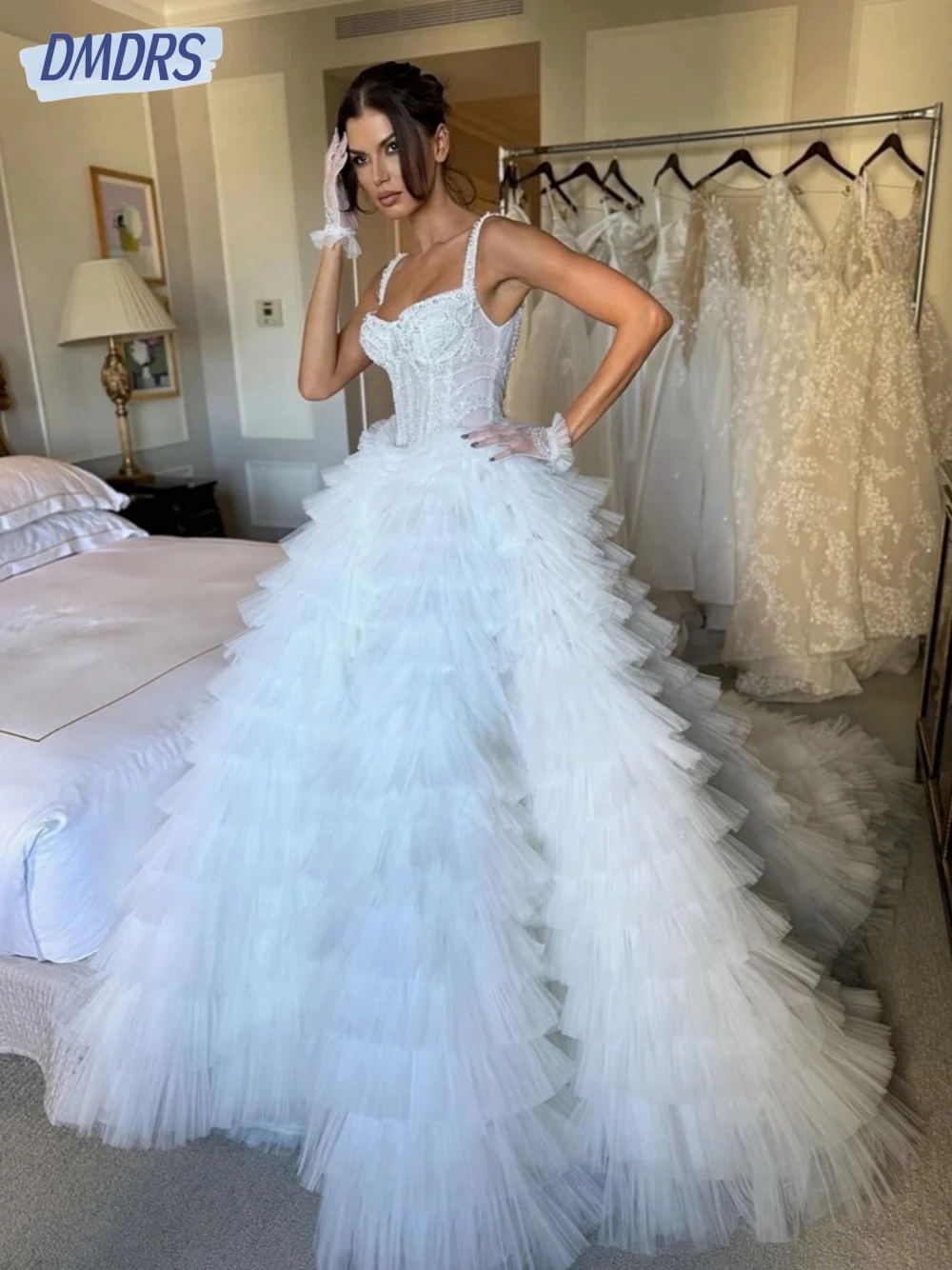 

Classic Tiered Sweetheart Neck Wedding Dresses Romantic Spaghetti Straps Dress For Bride Floor-length Bridal Gown Customized