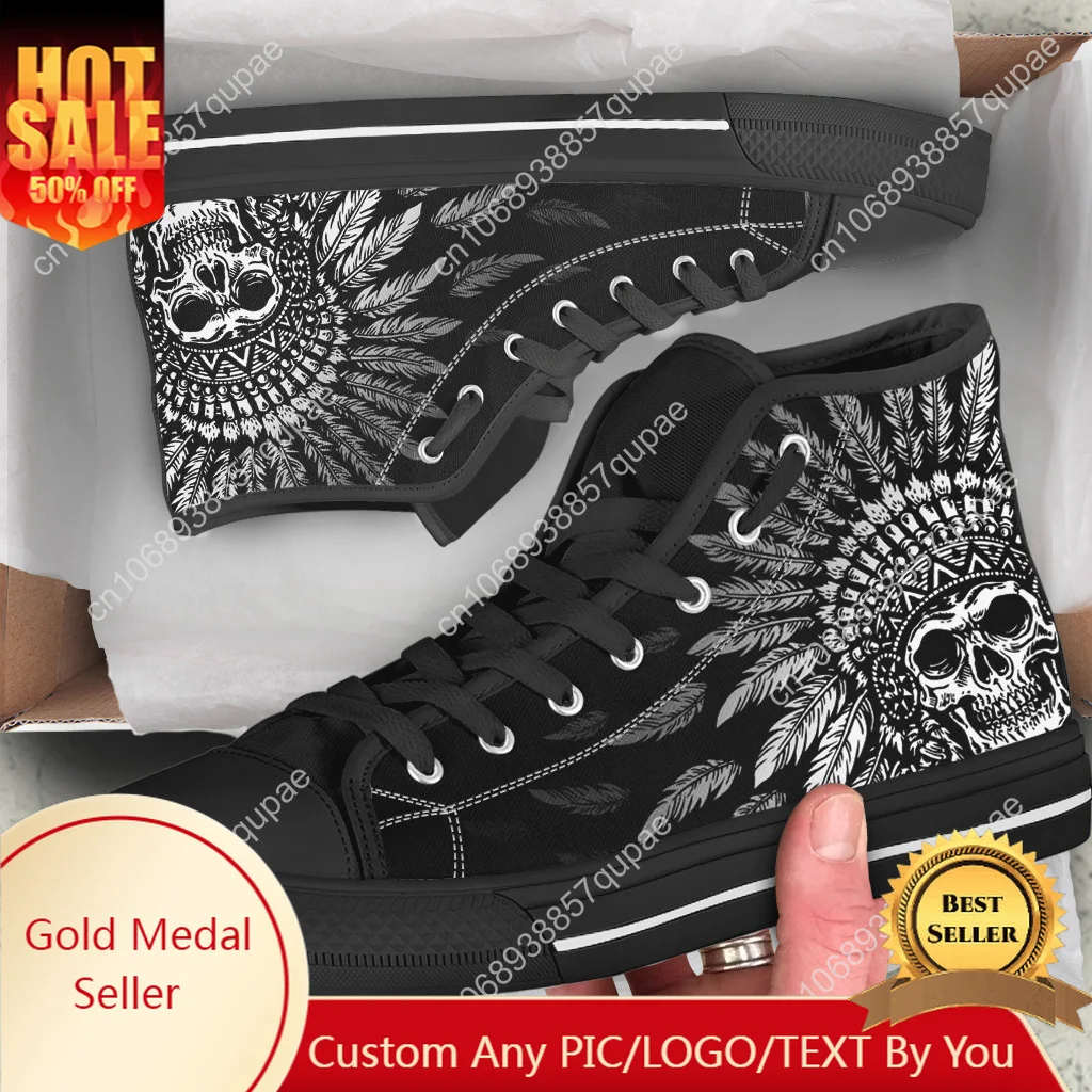 High Top Men's Shoes Tribal Skull Design Comfortable White Sole Shoes Gothic Day Of The Dead Skull Canvas Sneaker