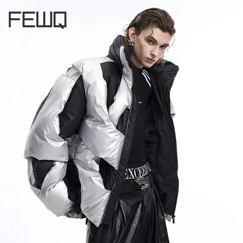 FEWQ Deconstructing Design Men's Cotton Jacket Winter Thick Down Coat 2024 Contrast Color Stand Collar Male Tops 24E5605