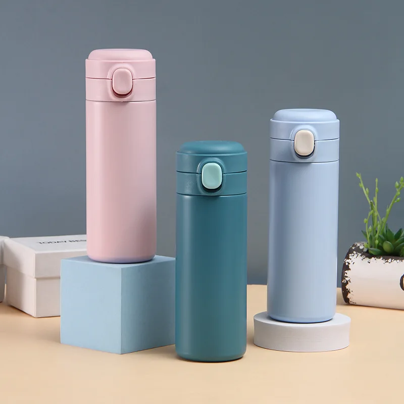 420ml Slim 304 Stainless Steel Insulated Water Bottle, One Click Pop Spring Lid Vacuum Thermos for Women Office Commute